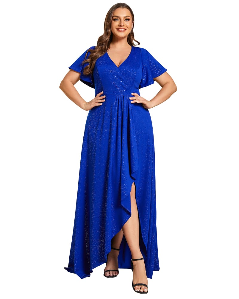 Front of a model wearing a size 26 Glitter High-Low Front Side Slit Ruffled V-Neck Evening Dress in Sapphire Blue by Ever-Pretty. | dia_product_style_image_id:328307